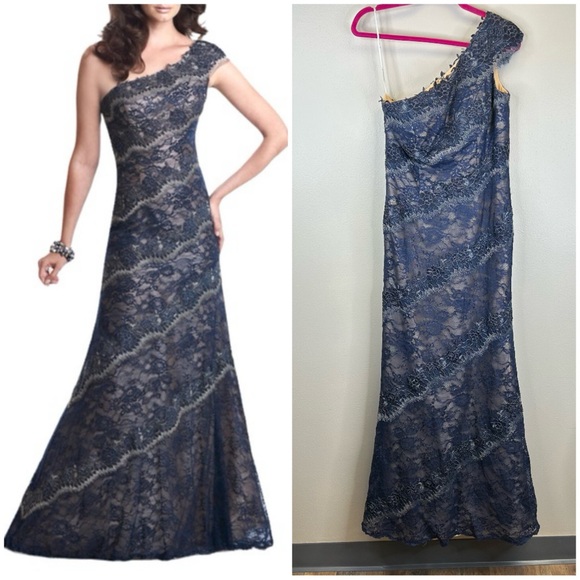 Mon Cheri Dresses & Skirts - Mon Cheri Montage Navy One-Shoulder Lace Dress 8 Formal Elegant Wedding Floral